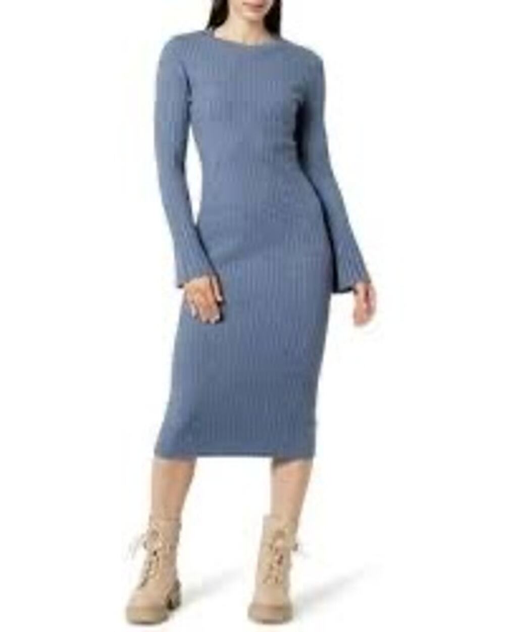 The Drop Fernanda Dusty Blue Bell Sleeve Ribbed Sweater Dress - M